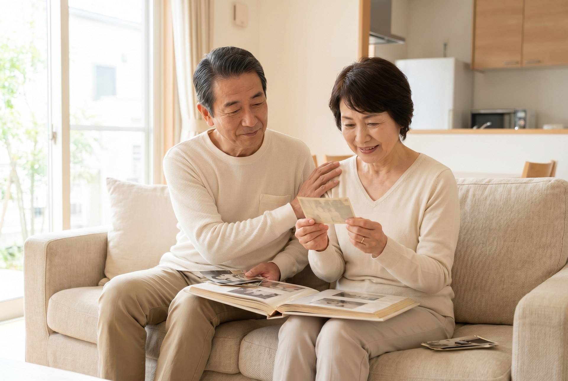 明るいリビングで古いアルバムをひらく夫婦