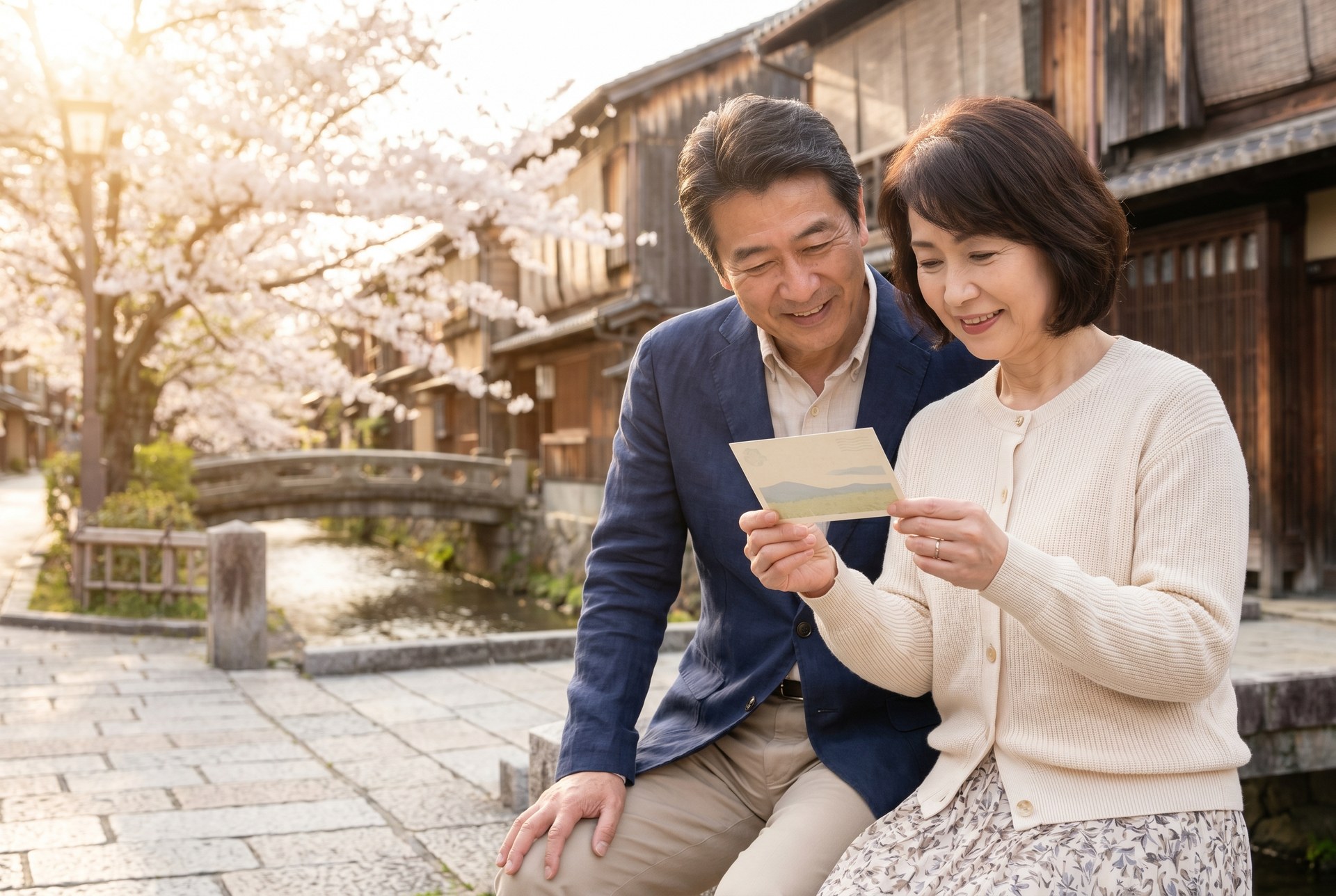 桜咲く街並みで、受け取った絵葉書を眺める夫婦