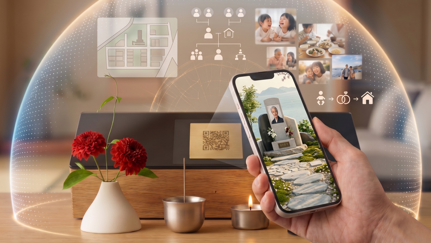 スマートフォンで眺めるきづなとわと、家族のつながりや想い出のひととき