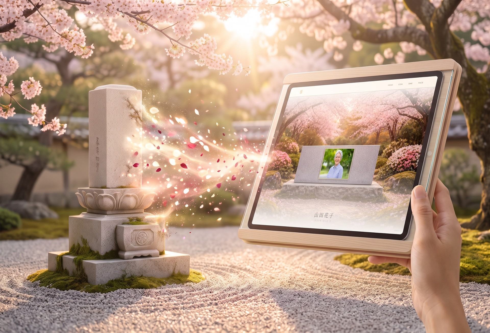 桜の下の石のお墓から花びらが舞い、手にしたタブレットの「きづなとわ」ページへと受け継がれていく様子