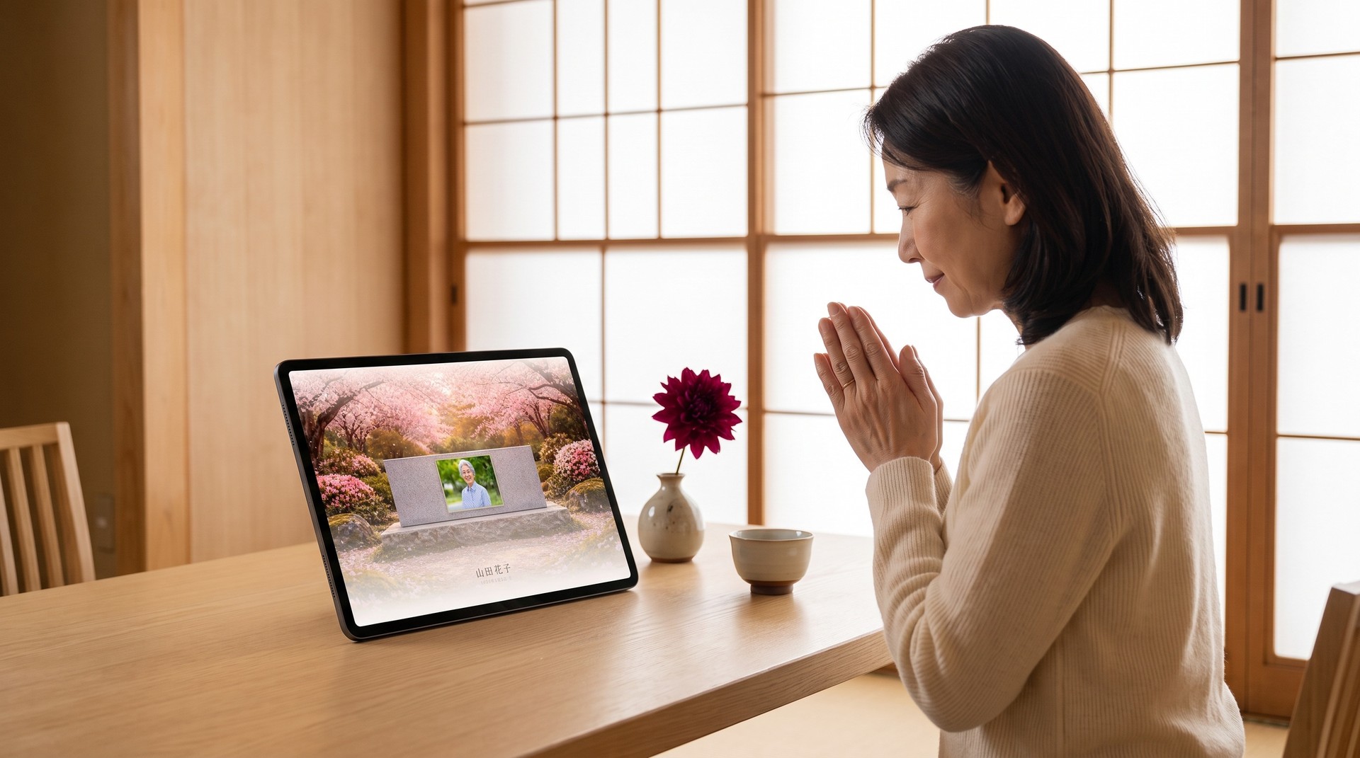 和室の食卓に置いたタブレットの「きづなとわ」ページに向かって、静かに手を合わせる女性