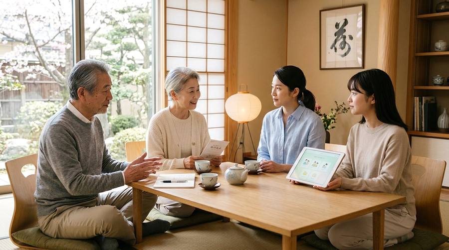 家族で食卓を囲み、お墓のこれからを話し合う様子